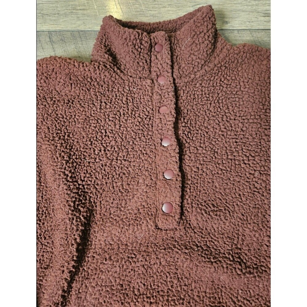Aerie Oversized Sherpa Fleece Pullover Quarter Button Maroon Cozy Sweater Large - Picture 3 of 7